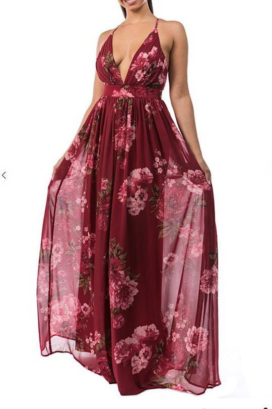 Floral Vibes Maxi Dress - Burgundy - Gritty Soul