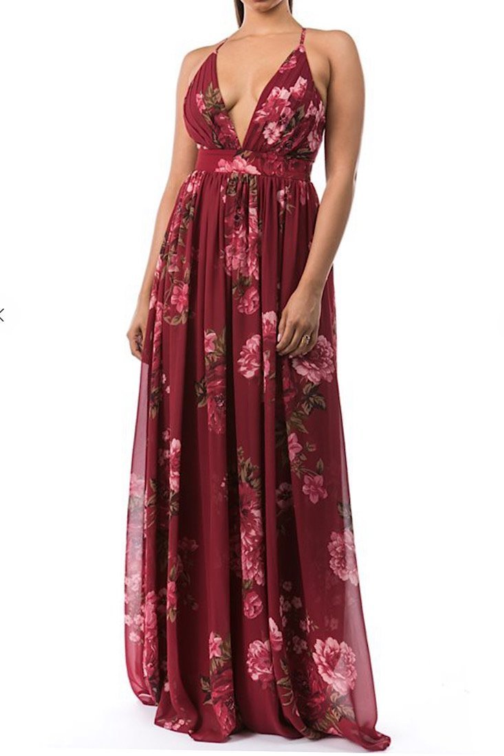 Floral Vibes Maxi Dress - Burgundy - Gritty Soul
